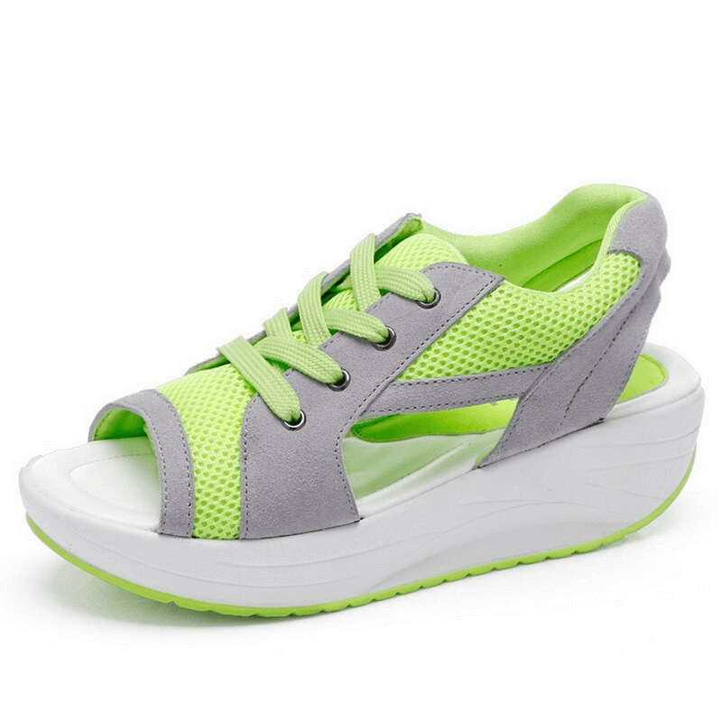 Sporty open toe lace-up women's sandals with thick soles in neon green and gray, featuring air mesh upper and rubber outsole for comfort.